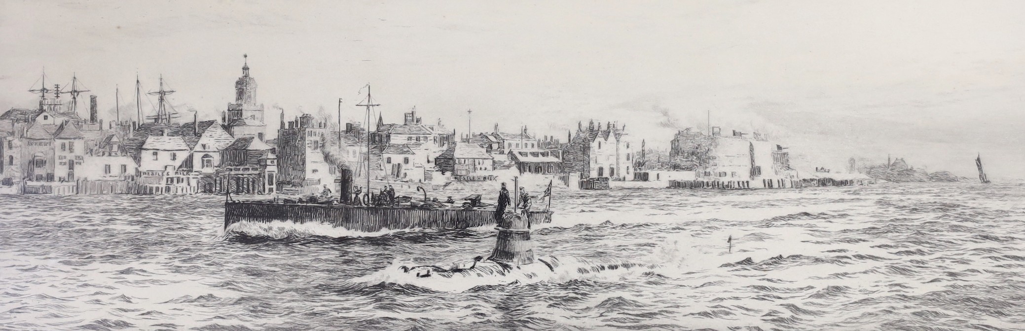 William Lionel Wyllie R.A., R.I., R.E. (1851-1931), etching, 'An early submarine entering Portsmouth Harbour', signed in pencil, 11 x 34cm